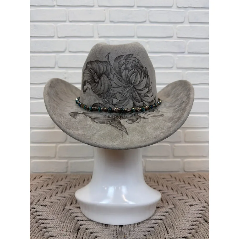 Sun Kissed Fedoras Cowgirl Hat Greige Floral Beaded Trim Medium